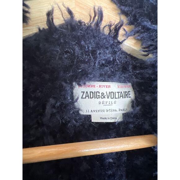 NEW Zadig & Voltaire Festif Faux Shearling Button Maxi Coat Navy Blue Size: S - Picture 4 of 7